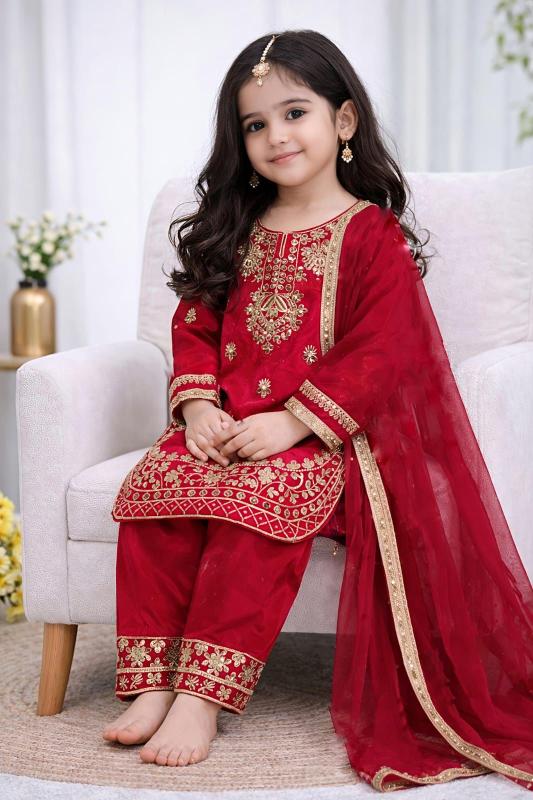 Ramzan Eid Special Kids Festive Silk Red Children clothing supplier in Surat